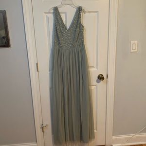 BHLDN Adrianna Papell morning mist bridesmaid